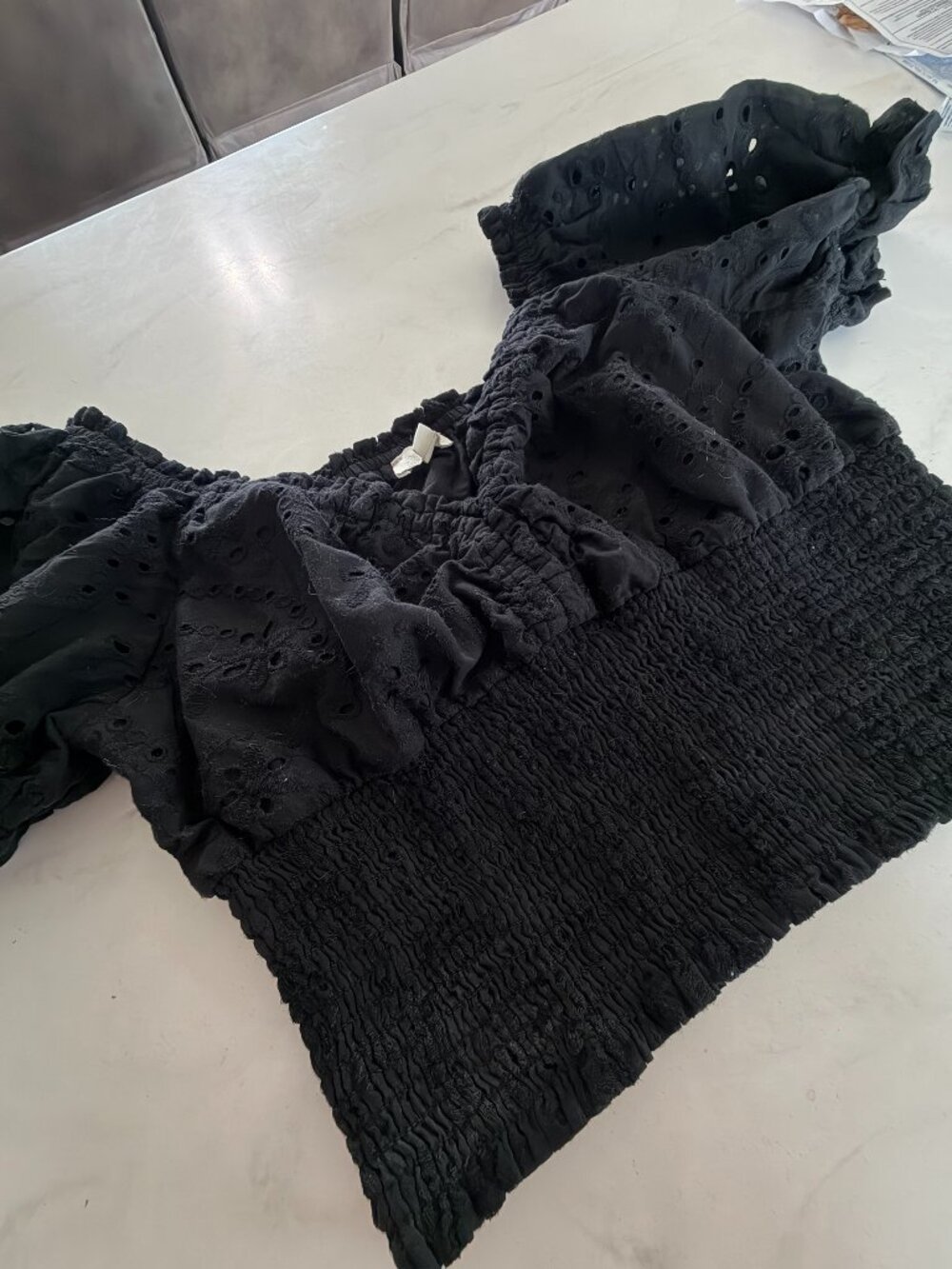 Jennifer & Grace Black Eyelet Smocked Off Shoulder Crop Top S - Picture 3 of 9